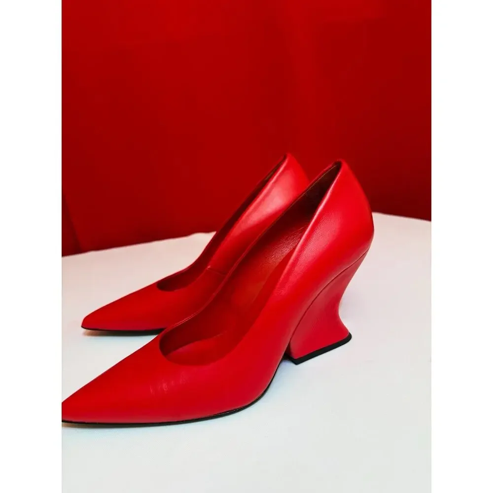 Sz 40 US 8.5 Italy Pumps Sheepskin Red 8 Yoox Wedge Pointed Toe Geometric Heel